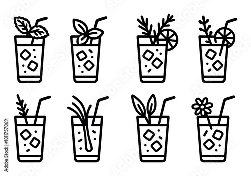 Collection of eight beverage icons with ice and garnishes on brown background