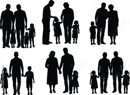 Silhouette families in various group poses representing interaction, bonding, and relationships across diverse family structures