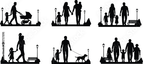 Silhouette families walking in park with children, strollers, pets, and nature elements in outdoor leisure scenes
