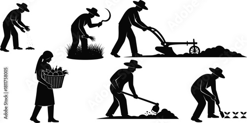 Traditional Farming Silhouettes Showing Manual Agricultural Labor and Rural Harvesting Techniques in Black and White Vector Style