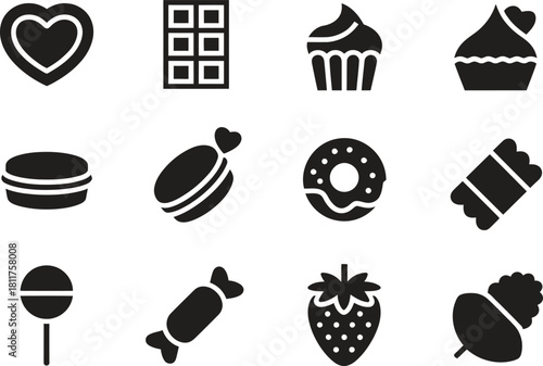 Cute Dessert & Candy Silhouette Icons – Cupcake, Donut, Chocolate, Strawberry, Sweets Set