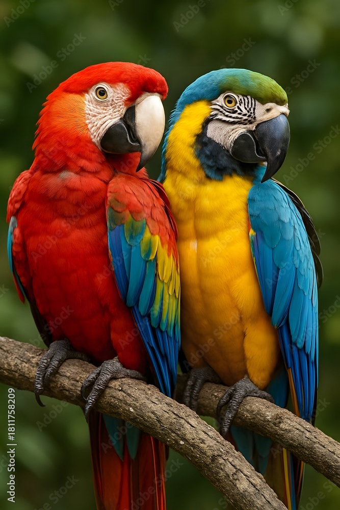 Obraz premium Beautiful Colorful Parrots Perched on Branch in Nature, High-Resolution Realistic Wildlife Photo