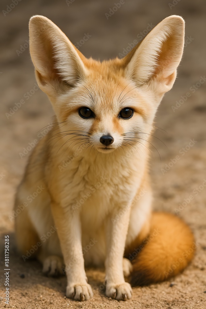 Fototapeta premium Fennec Fox Sitting on Desert Sand with Large Ears and Realistic Details