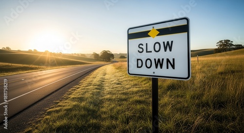 Warning Sign Directs Drivers to Reduce Speed on Rural Road During Sunrise View