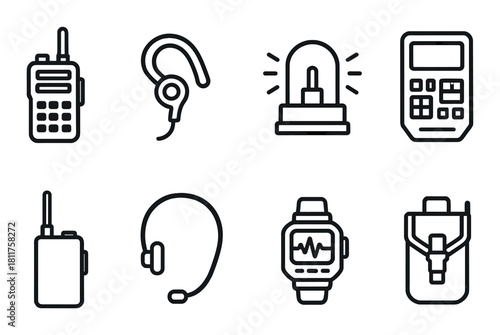 Monochrome gadgets vector: radio, headset, alarm, calculator, smartwatch