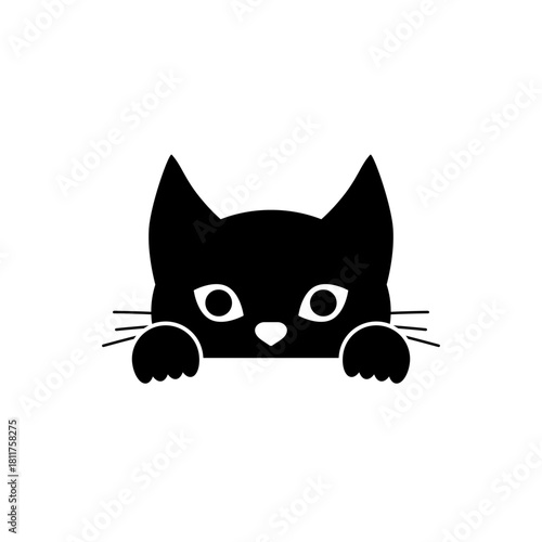 Funny cat face. Cute peeking and hiding black cat head and paws. Vector illustration on white background.