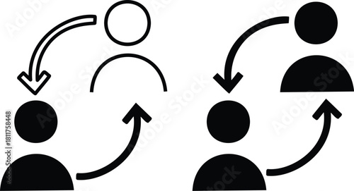 Replace Person Icons. Personnel Exchange Symbols. Reciprocal arrow people icon sign. User staff rotation icon set. Two people exchanging information on Transparent Background. 

