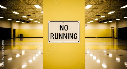 Warning Sign Displayed: No Running Allowed in the Gleaming Gym Environment