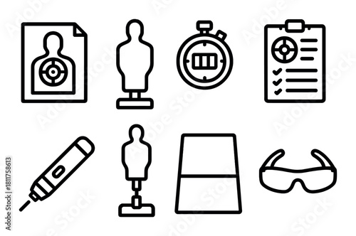 Black silhouette shooting range equipment icons on gray background