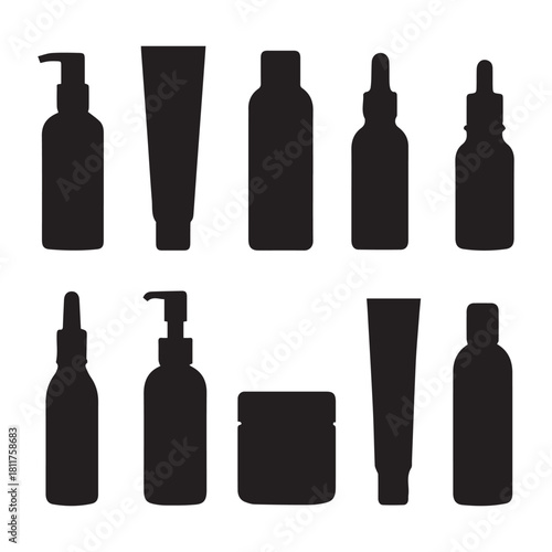 Minimalist cosmetic packaging mockup set featuring various toiletry shapes in black silhouette style