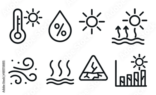 Atmospheric weather icons depicting temperature, humidity, wind, and pollution with sun illustrations
