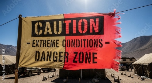 Warning Sign Displaying Caution and Extreme Conditions in a Rugged Desert Environment