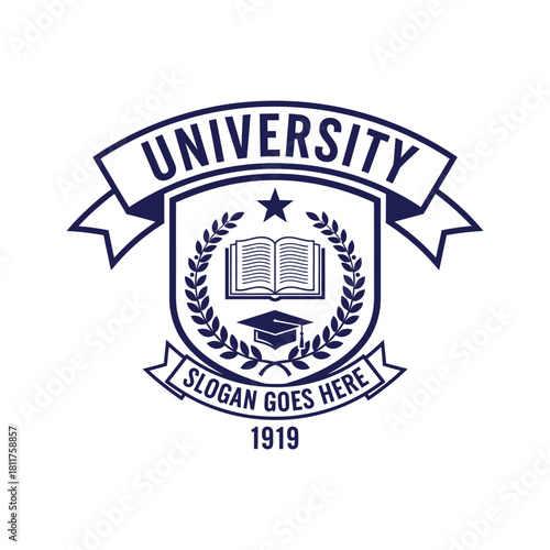 University crest emblem with open book and graduation cap symbolizing higher education and knowledge