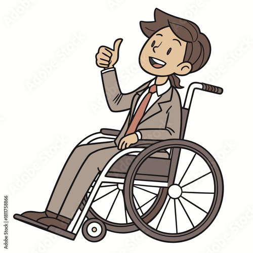 "Cartoon depicting a professional in a wheelchair, giving a thumbs-up to the camera, isolated on a white background, in an inclusive and modern corporate style."
