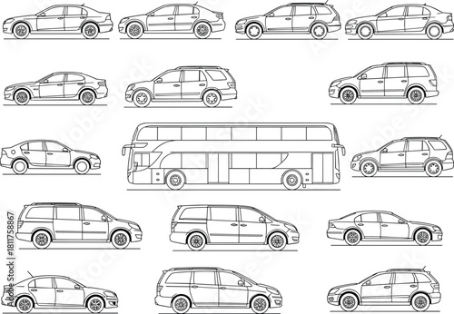 Outline car silhouettes, SUV sketches, sedan drawings, minivan illustrations, bus outline, transportation line art collection, vehicle design set, automotive graphic icons, side-view transport shapes