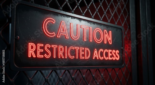 Warning Sign Displaying Caution and Restricted Access in Crimson Illumination Displaying on Metal