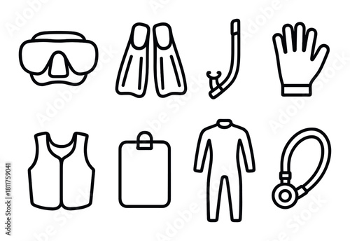 Scuba diving gear icons on black background