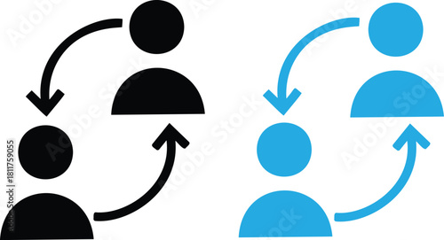 Replace Person Icons. Personnel Exchange Symbols. Reciprocal arrow people icon sign. User staff rotation icon set. Two people exchanging information on Transparent Background. 

