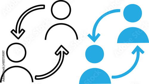 Replace Person Icons. Personnel Exchange Symbols. Reciprocal arrow people icon sign. User staff rotation icon set. Two people exchanging information on Transparent Background. 

