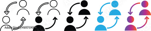 Replace Person Icons. Personnel Exchange Symbols. Reciprocal arrow people icon sign. User staff rotation icon set. Two people exchanging information on Transparent Background. 

