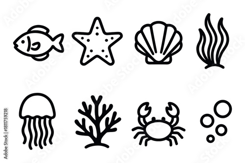 Black sea icons: fish, starfish, shell, seaweed, jellyfish, coral, crab, bubbles