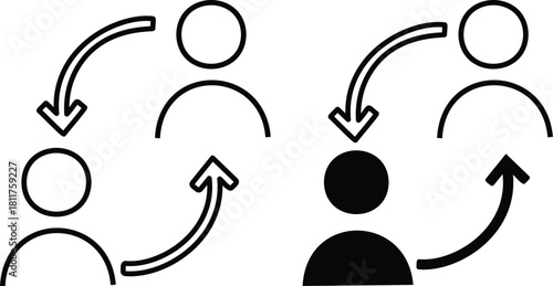 Replace Person Icons. Personnel Exchange Symbols. Reciprocal arrow people icon sign. User staff rotation icon set. Two people exchanging information on Transparent Background. 

