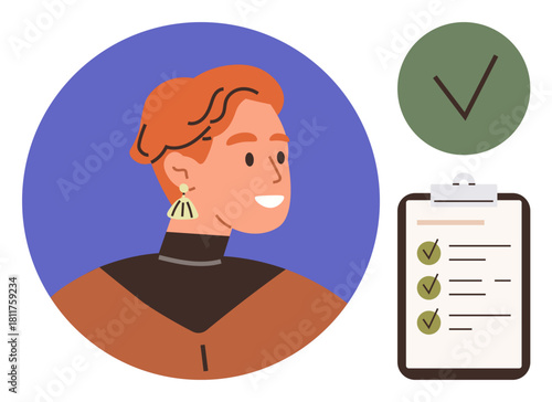 Person with stylish earrings smiling, green circular approval mark, outlined checklist with completed tasks. Ideal for productivity, success, leadership, organization, planning, motivation