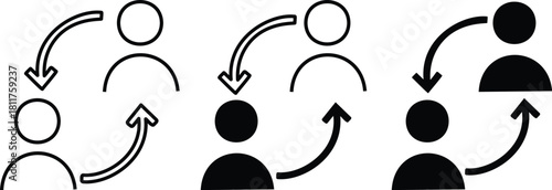 Replace Person Icons. Personnel Exchange Symbols. Reciprocal arrow people icon sign. User staff rotation icon set. Two people exchanging information on Transparent Background. 

