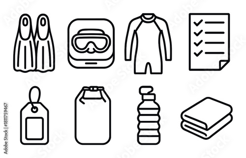 Scuba diving gear icons: fins, mask, wetsuit, checklist, tag, bag, water bottle, towel