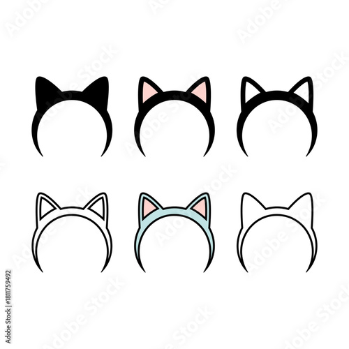 Set icons of cat ear headbands in various styles, including black silhouette, outline and colored versions. 