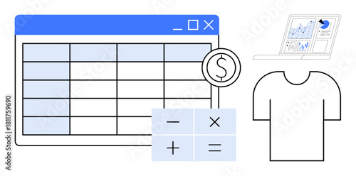 Financial spreadsheet with calculator buttons, dollar icon, analytics on a laptop, and T-shirt outline. Ideal for e-commerce, retail, budgeting, data analysis, cost tracking pricing and profit