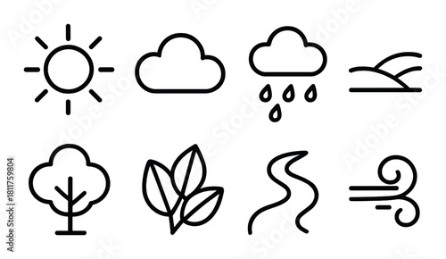 Minimalistic weather and nature icons set with sun, cloud, rain, tree, leaves, and wind symbols