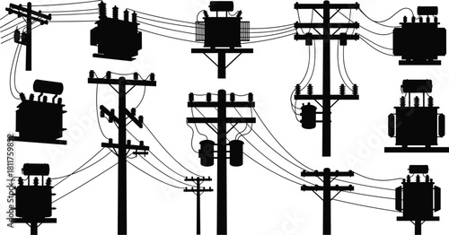Silhouette vector illustration of electrical utility poles with transformers and power lines—infrastructure layout for engineering, planning, distribution, and technical reference