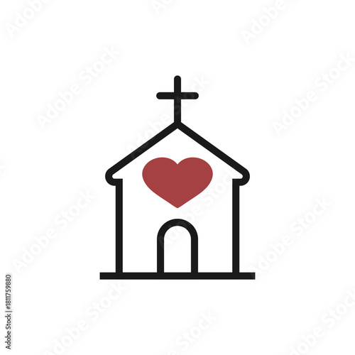 Church heart icon with religious cross and building. Outline vector illustration. 