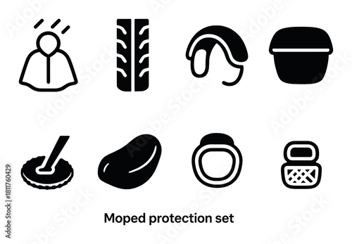 Moped protection set icons: helmet, tire, padlock, rain cover