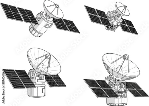 Set of four detailed space satellite vector illustrations featuring solar panels and communication dishes for telecommunication technology and scientific exploration design projects.