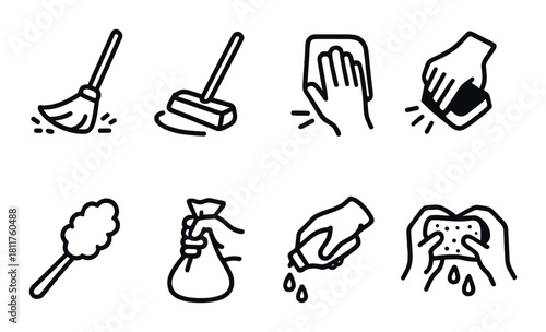 Set of cleaning icons: broom, mop, hand, sponge, duster, bag, liquid, soap