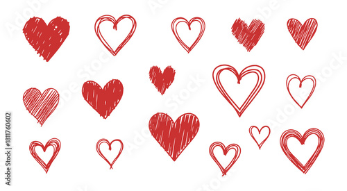 Collection of hand drawn red hearts various textures styles and sizes valentine's day celebration