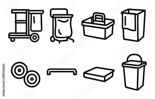 Set of cleaning equipment icons on dark background