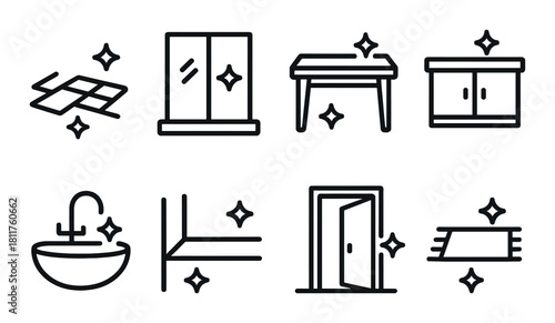 Minimalist home symbols: sink, window, table, cabinet, rug, door, flooring