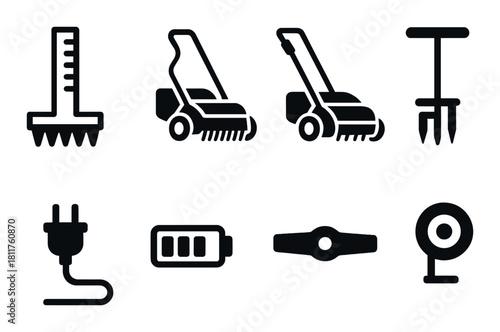 Black silhouette icons of garden tools and electric equipment on dark background