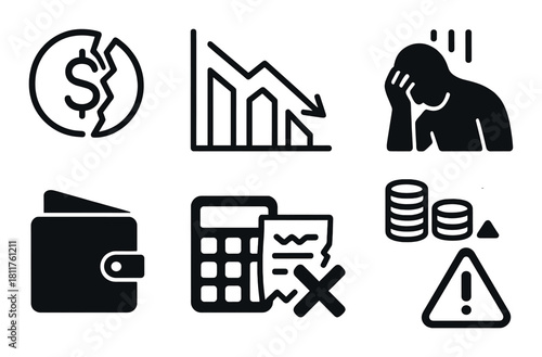 Financial crisis icons show downward trend and economic struggles