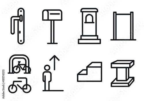 Outline icons of door handle, mailbox, column, swing, bicycle, person, stairs, desk