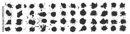 Ink splatters, paint blots, abstract grunge spots, splash and drip shapes on black background