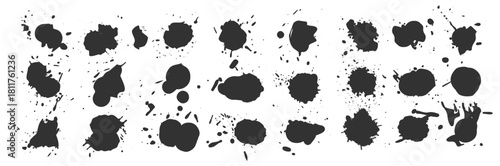 Ink splatter splash blot stain grunge shapes set, abstract paint drops and messy artistic elements in rough graphic style on transparent background