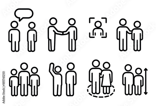 Simple black stick figure icons illustrating social interactions and relationships