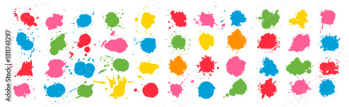 Color ink splatter splash paint stain set with bright abstract drops and messy artistic shapes in vivid graphic style on transparent background