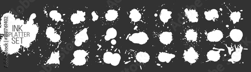 Ink splatters, paint blots, abstract grunge spots, splash and drip shapes on black background