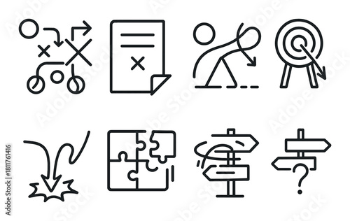 Outline of strategic planning and decision making icons on dark background