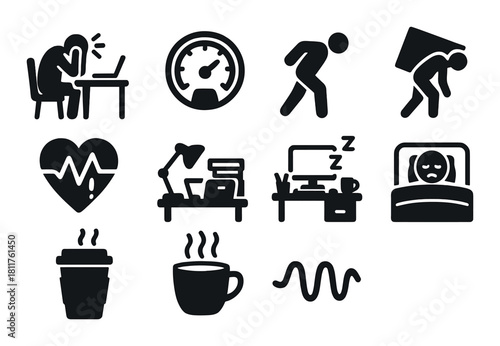Stress and fatigue icons: overwork, burnout, heart rate, sleep, coffee, and work desk